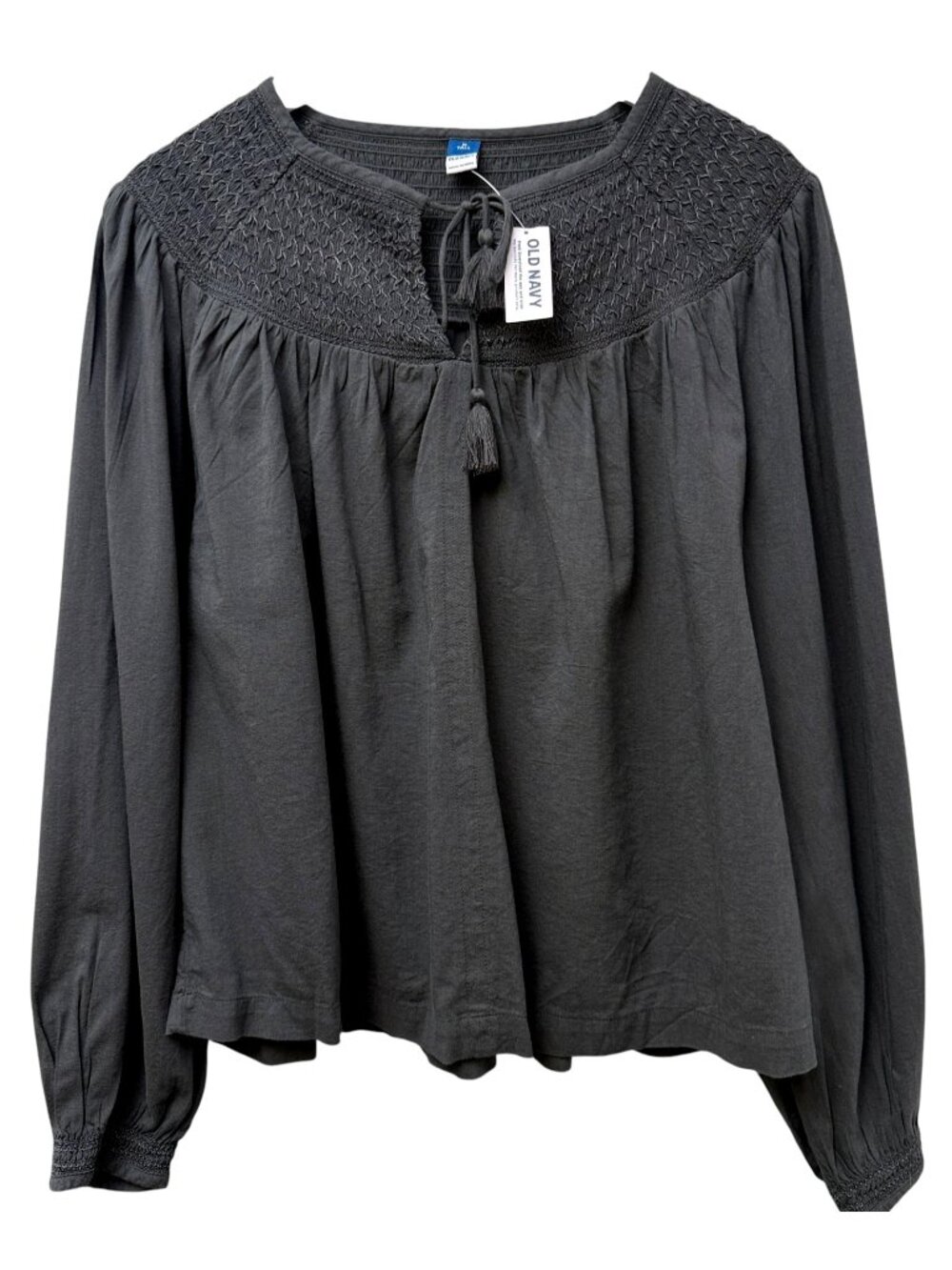 Old Navy Peasant Blouse Medium Tall Charcoal Black Tassel Tie Smocked NWT